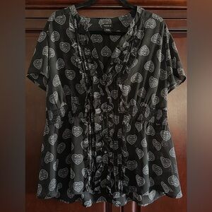 Torrid Black and White Sheer Babydoll Blouse with a Heart Print.